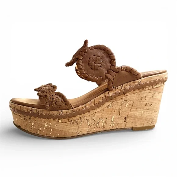 Jack Rogers Leigh Cognac Brown Leather Cork Wedge Sandals Women’s size 5 - Picture 3 of 11